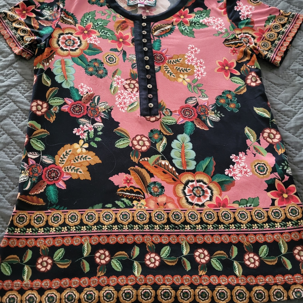 Johnny Was Floral Black and Pink Jersey Top